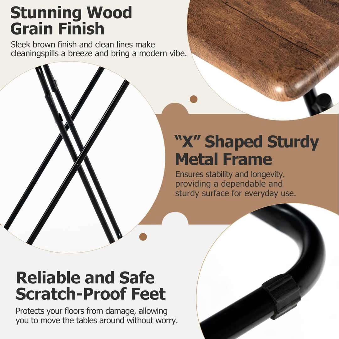 Ensemble de 2 plateaux-repas pliables FurnitureR, plateaux repas pliables, tables d'appoint compactes pour lit, canapé ou fauteuil, structure en métal et plateau en bois, marron