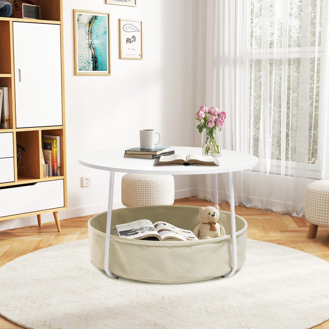 FurnitureR runder Couchtisch mit zwei Ebenen und Stoffkorb, moderner Beistelltisch (75 cm Durchmesser) für Wohnzimmer, Schlafzimmer oder Büro, Weiß/Camel