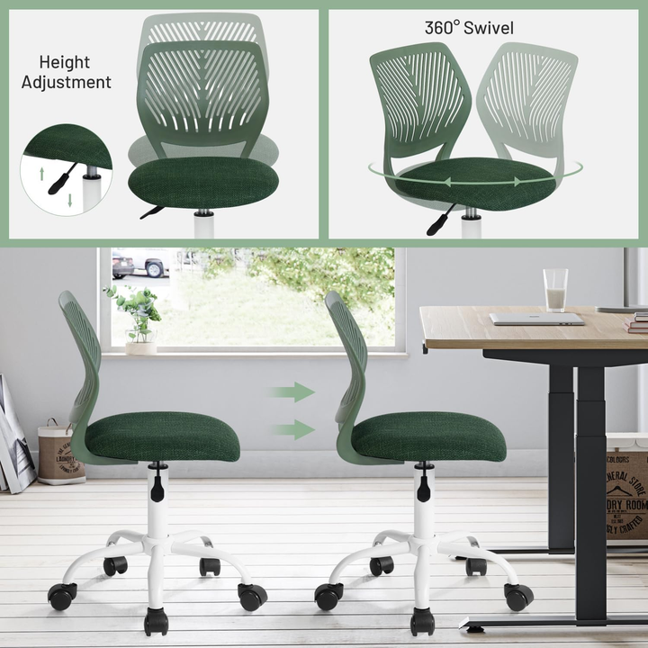 Chaise de bureau FurnitureR, chaise de bureau sans accoudoirs avec coussin rembourré en tissu et dossier mi-haut en plastique, pivotante et réglable, vert foncé.