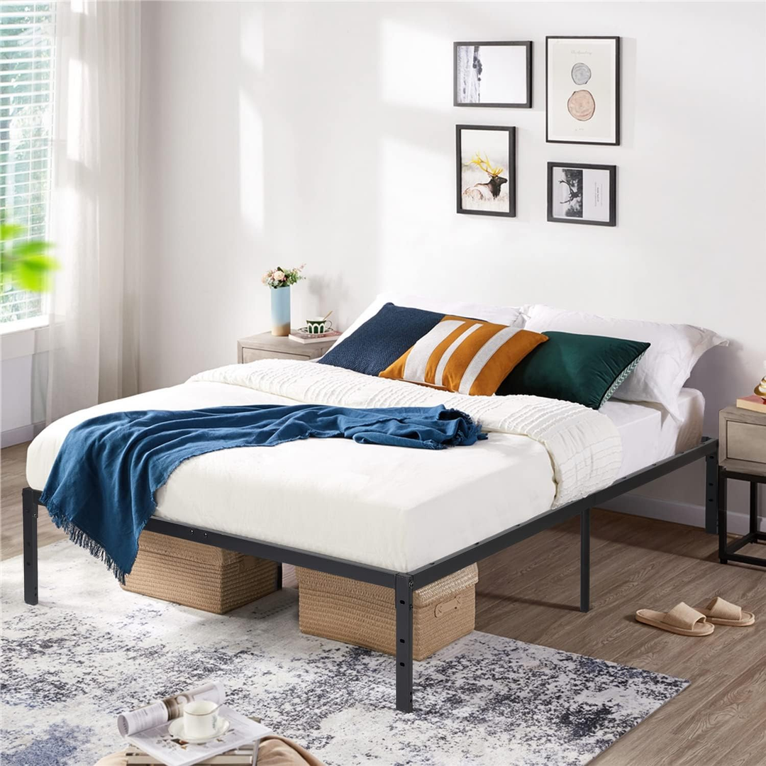 FurnitureR Metallbettgestell (140 x 200 cm) mit LED-Beleuchtung, robustes Plattformbett, Stauraum unter dem Bett, kein Lattenrost erforderlich, rutschfeste Unterlage, Schwarz