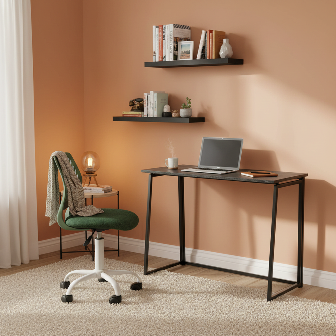 Ensemble bureau pliant 3 pièces FurnitureR avec chaise pivotante réglable et 2 étagères murales flottantes, combinaison bureau/espace de travail gain de place, design moderne