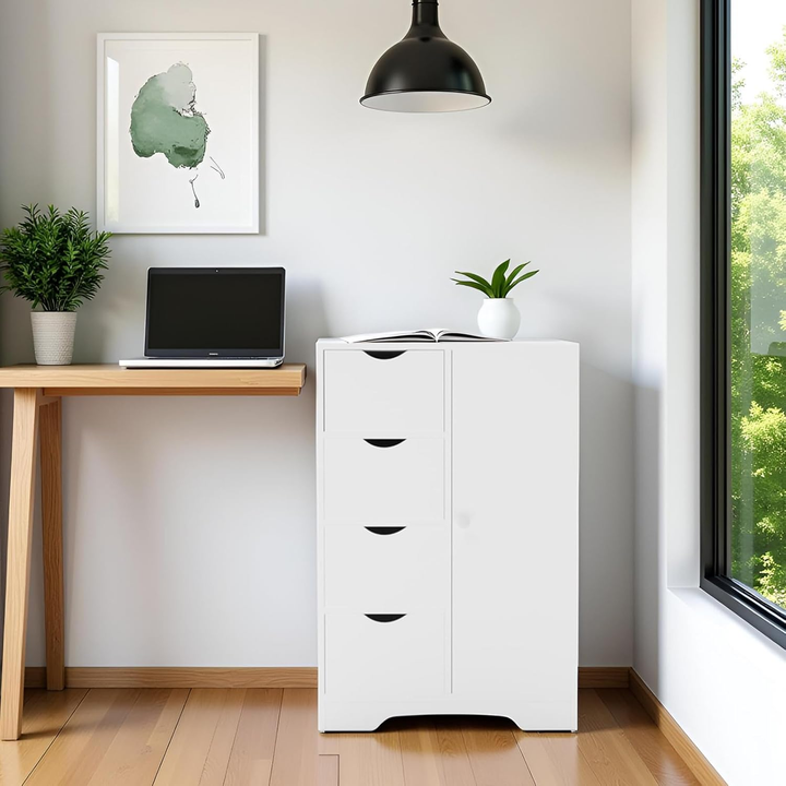 Meuble de rangement FurnitureR avec 4 tiroirs et porte latérale, unité de rangement moderne en bois avec étagères réglables, hauteur 82 cm (32,28 pouces), blanc
