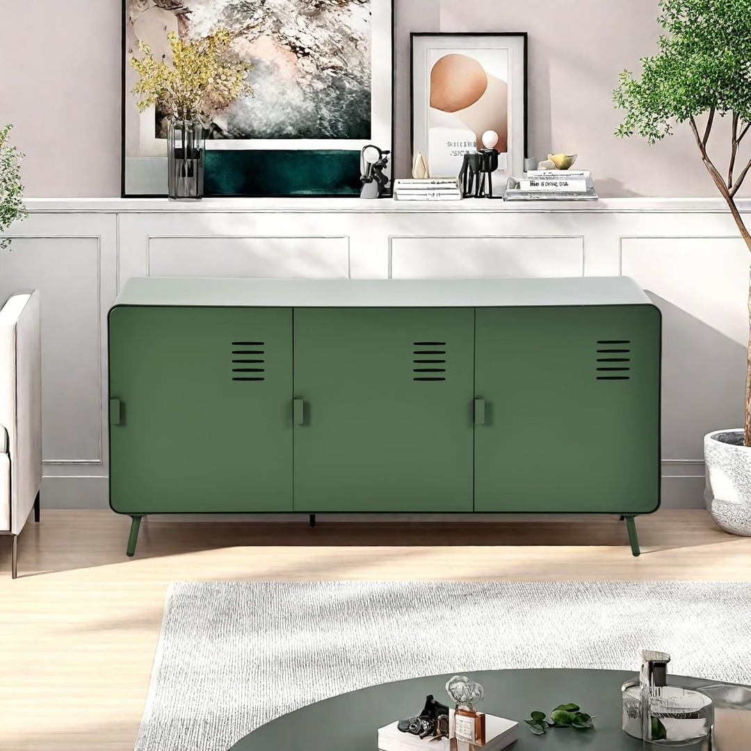 Meuble TV industriel en métal FurnitureR pour téléviseurs jusqu'à 50 pouces, console multimédia 3 portes avec étagères, centre de divertissement de 120 cm (47,24 pouces) pour salon, vert