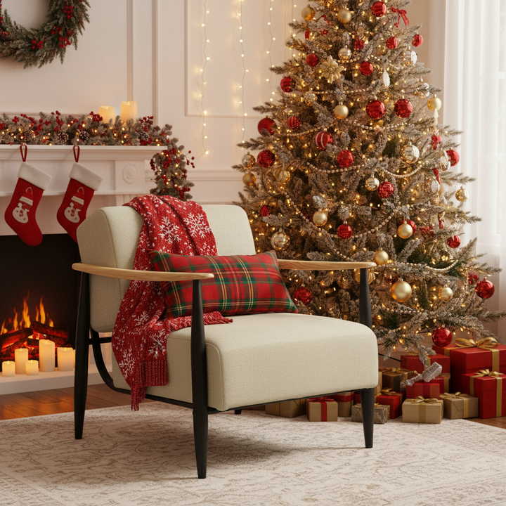 FurnitureR Mid-Century Modern Accent Chair, Beige Upholstered Armchair with Solid Oak Frame, Comfy Reading Chair for Living Room, Bedroom, Office