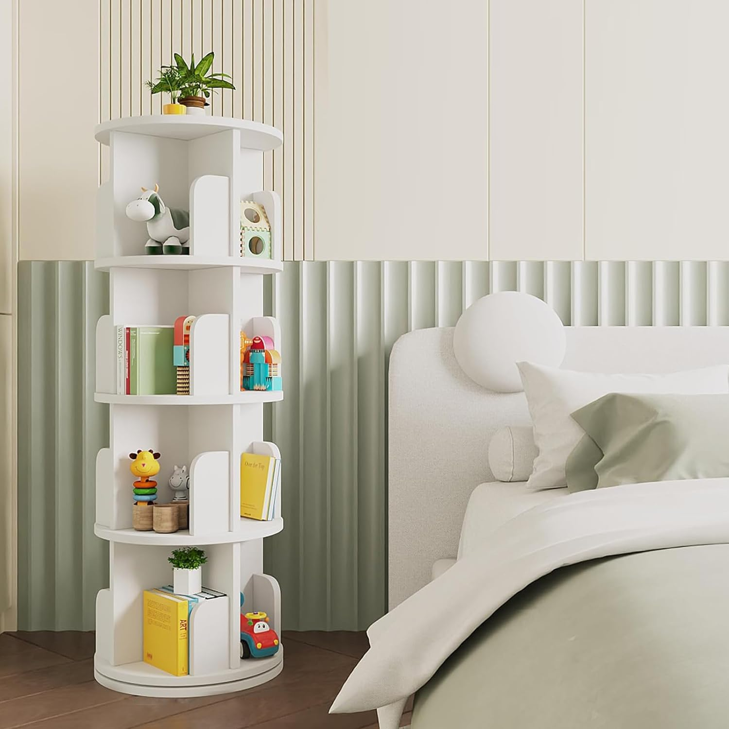 Bibliothèque pivotante à 360° FurnitureR, étagère d'angle pivotante à 4 niveaux, meuble de rangement pour petits espaces, étagère de rangement pour bureau ou salon, blanc