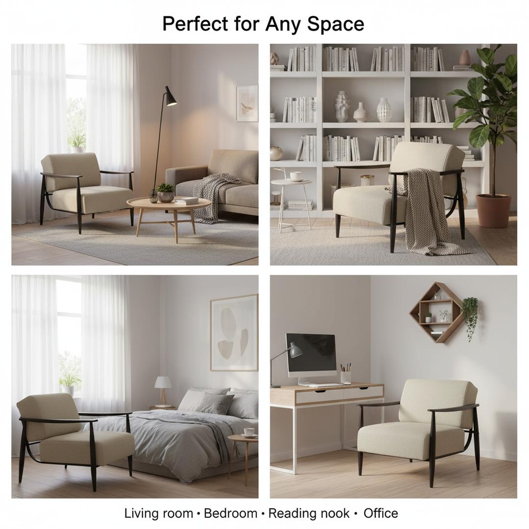 FurnitureR Mid-Century Modern Accent Chair, Beige Upholstered Armchair with Solid Brown Frame, Comfy Reading Chair for Living Room, Bedroom, Office