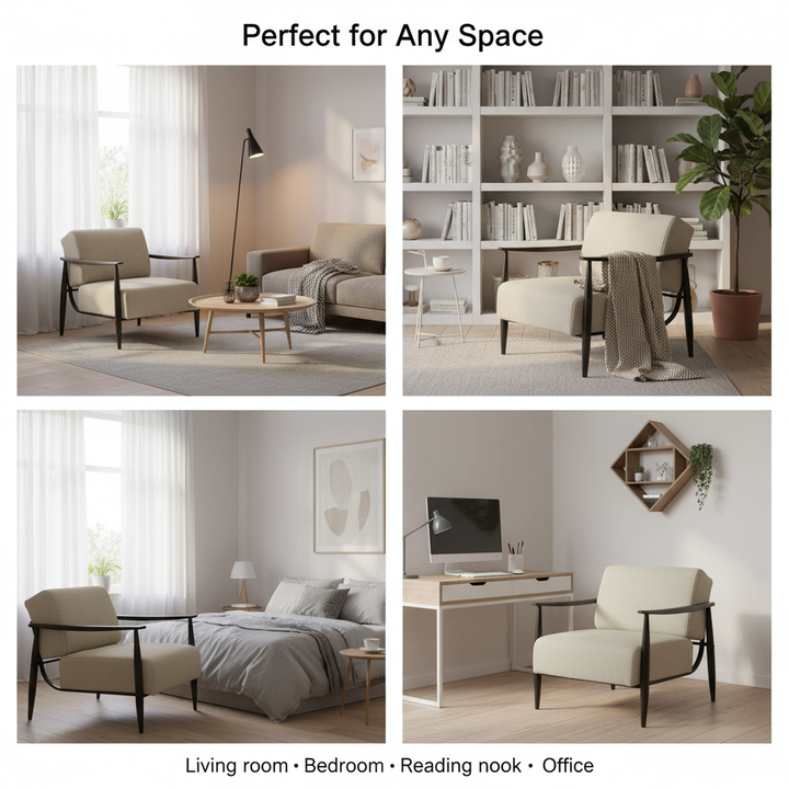 FurnitureR Mid-Century Modern Accent Chair, Beige Upholstered Armchair with Solid Brown Frame, Comfy Reading Chair for Living Room, Bedroom, Office