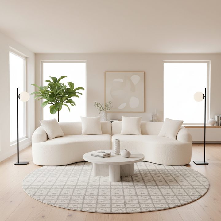 Canapé moderne incurvé en chenille couleur crème de FurnitureR, canapé sculptural contemporain avec coussins moelleux et assise profonde pour un confort optimal