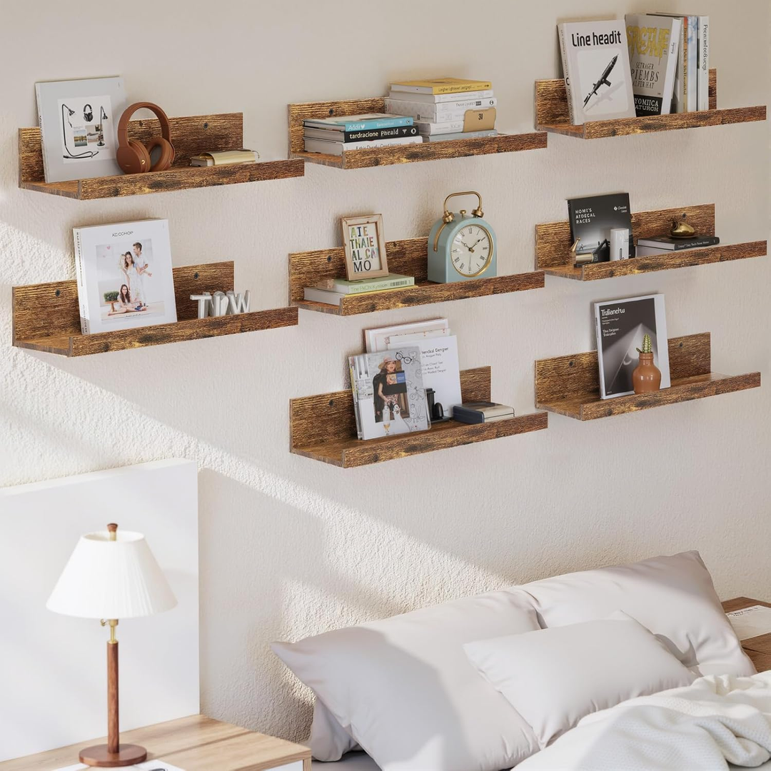 Étagères murales flottantes FurnitureR, ensemble de 8 étagères murales en bois de 40 cm de large, style moderne, pour le salon, couleur marron.