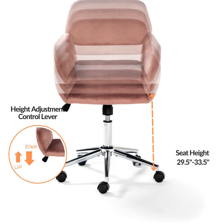 Chaise de bureau FurnitureR, dossier mi-haut en velours avec roulettes, chaise de travail réglable pour salon, chambre, bureau, rose
