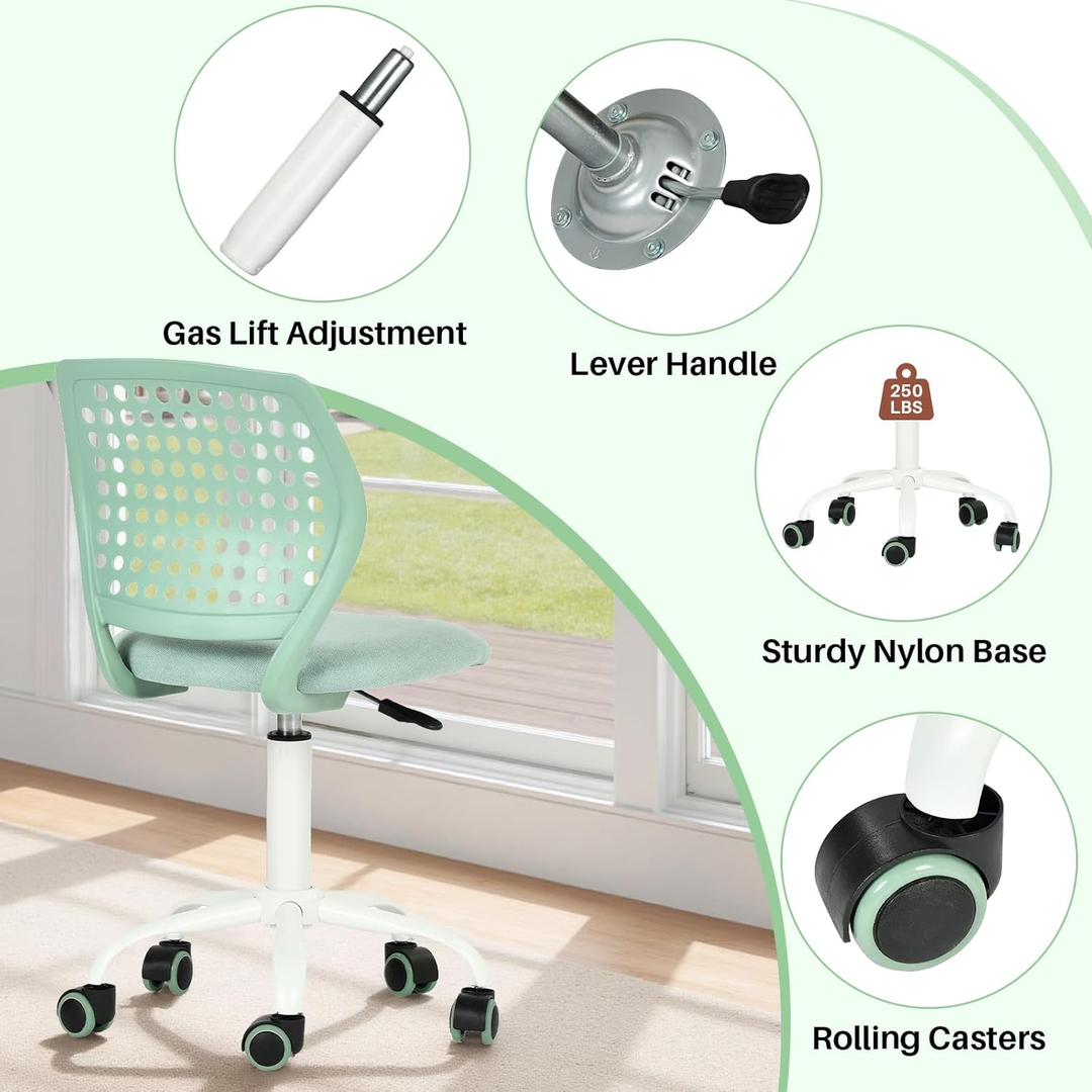 Chaise de bureau sans accoudoirs FurnitureR avec roulettes, compacte, pivotante et réglable en hauteur, idéale pour étudier ou travailler sur ordinateur. Dossier respirant, vert.