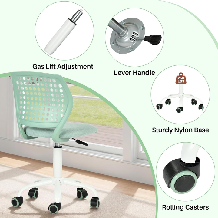 Chaise de bureau sans accoudoirs FurnitureR avec roulettes, compacte, pivotante et réglable en hauteur, idéale pour étudier ou travailler sur ordinateur. Dossier respirant, vert.