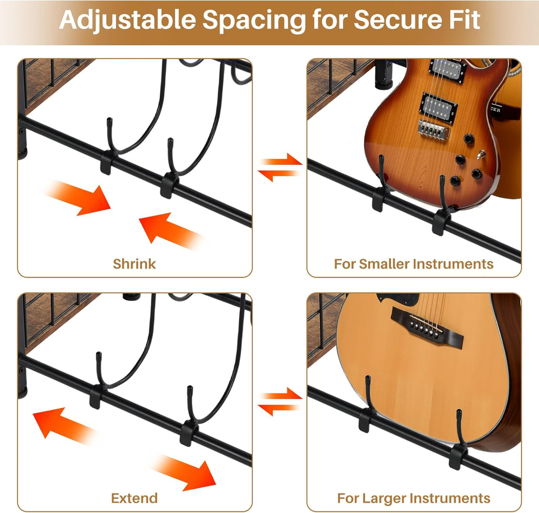 Support de guitare multifonctionnel FurnitureR avec étagères de rangement – ​​Étagère à 3 niveaux de style industriel pour matériel de musique avec plateau en bois, marron