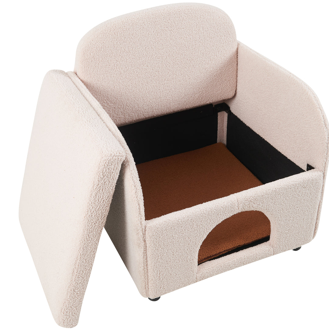Fauteuil d'appoint FurnitureR moderne en peau de mouton retournée crème avec panier pour chat dissimulé, fauteuil lounge rembourré pour animaux de compagnie avec coussin marron chaud