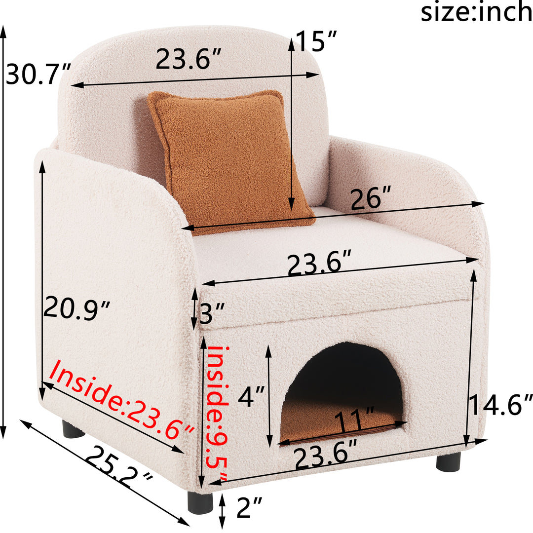 Fauteuil d'appoint FurnitureR moderne en peau de mouton retournée crème avec panier pour chat dissimulé, fauteuil lounge rembourré pour animaux de compagnie avec coussin marron chaud