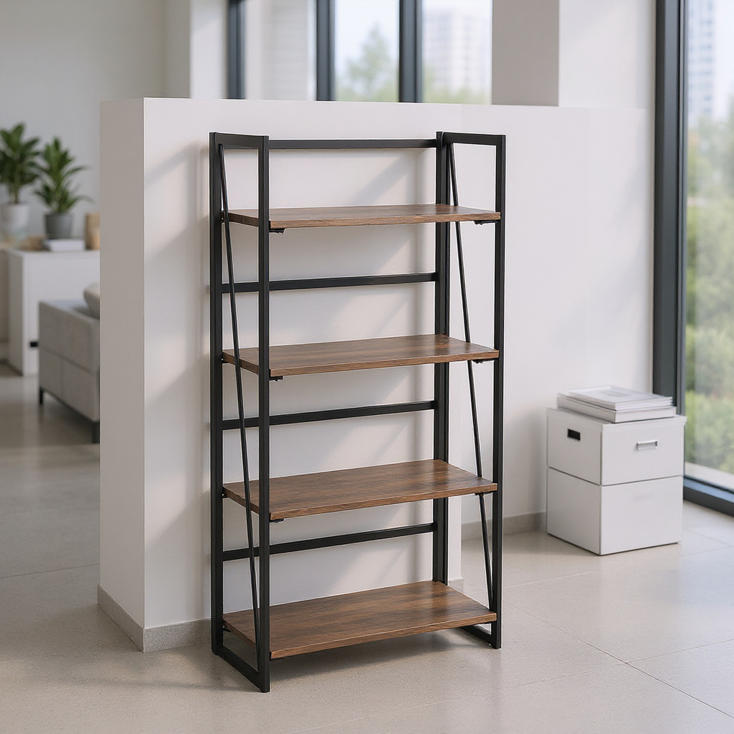 Étagère de rangement pliable à 4 niveaux FurnitureR, bibliothèque en métal avec étagères en bois rustique, meuble de rangement pliable pour salon et bureau, marron