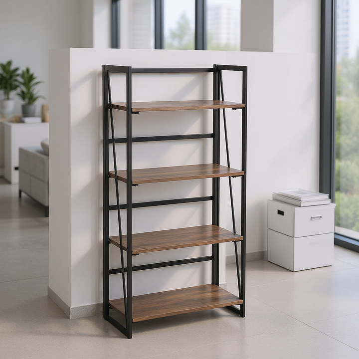 FurnitureR Folding 4-Tier Bookshelf Storage Rack, Metal Bookcase with Rustic Wood Shelves,  Foldable Home Organizer for Living Room, Office, Brown