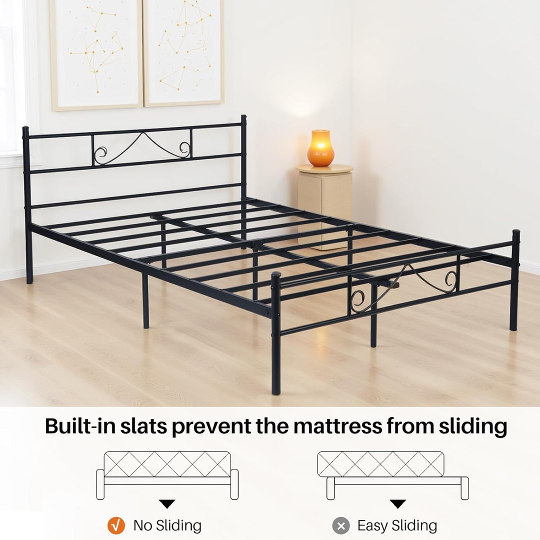 FurnitureR Metallbettgestell (140 x 200 cm) mit Kopf- und Fußteil, Plattformbett mit Stauraum unter dem Bett, geräuschlos, kein Lattenrost erforderlich, Schwarz