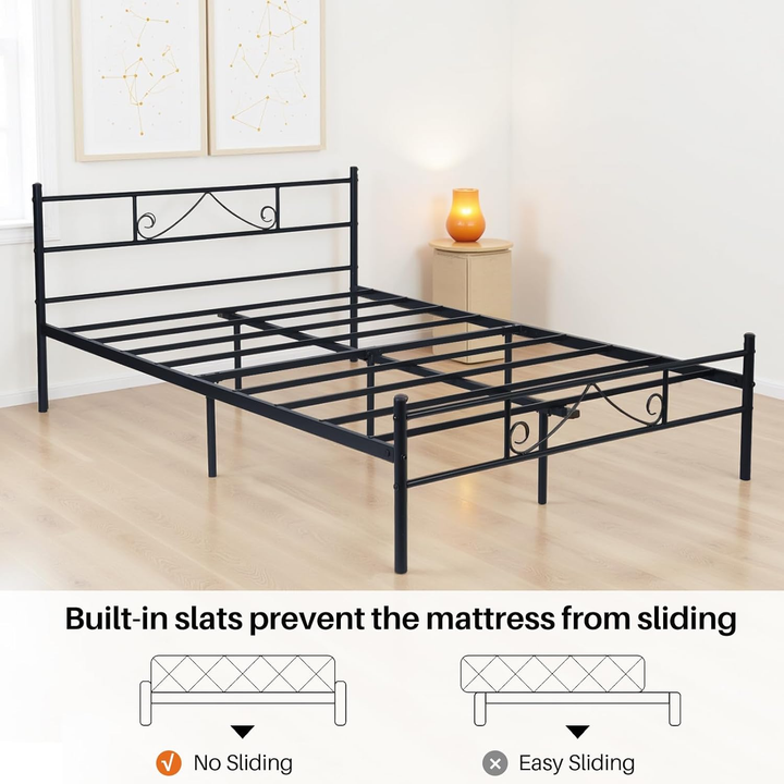 FurnitureR Metallbettgestell (140 x 200 cm) mit Kopf- und Fußteil, Plattformbett mit Stauraum unter dem Bett, geräuschlos, kein Lattenrost erforderlich, Schwarz