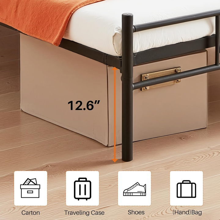 FurnitureR Metallbettgestell (140 x 200 cm) mit Kopf- und Fußteil, Plattformbett mit Stauraum unter dem Bett, geräuschlos, kein Lattenrost erforderlich, Schwarz