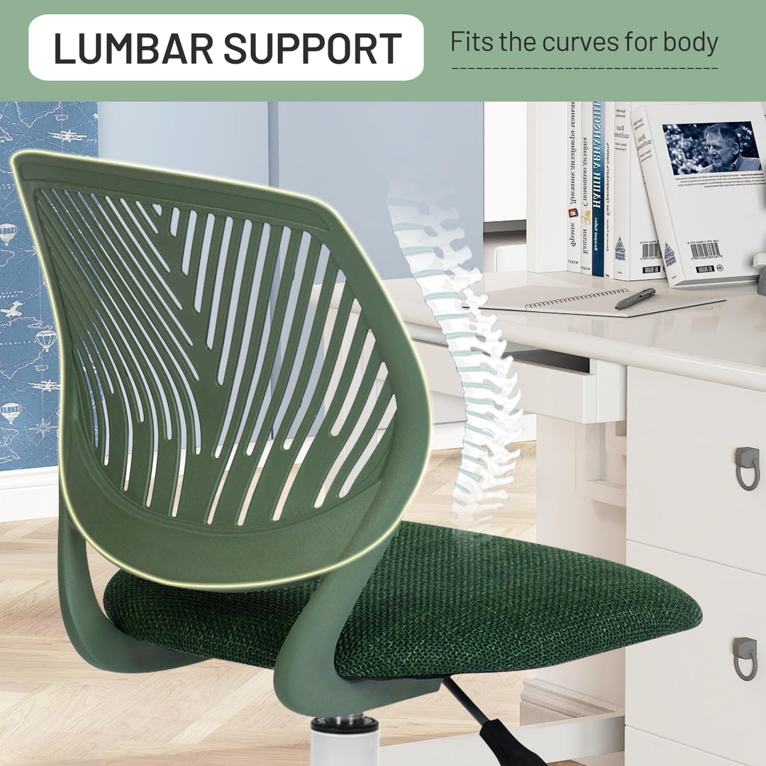 Chaise de bureau FurnitureR, chaise de bureau sans accoudoirs avec coussin rembourré en tissu et dossier mi-haut en plastique, pivotante et réglable, vert foncé.