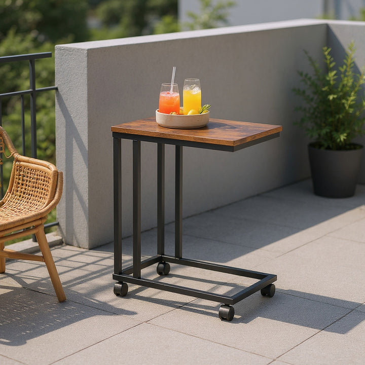 FurnitureR Beistelltisch C-förmig, Snacktisch mit Rollen für Sofa, Couch und Bett, tragbar, einfache Montage, Metallgestell, rustikales Braun