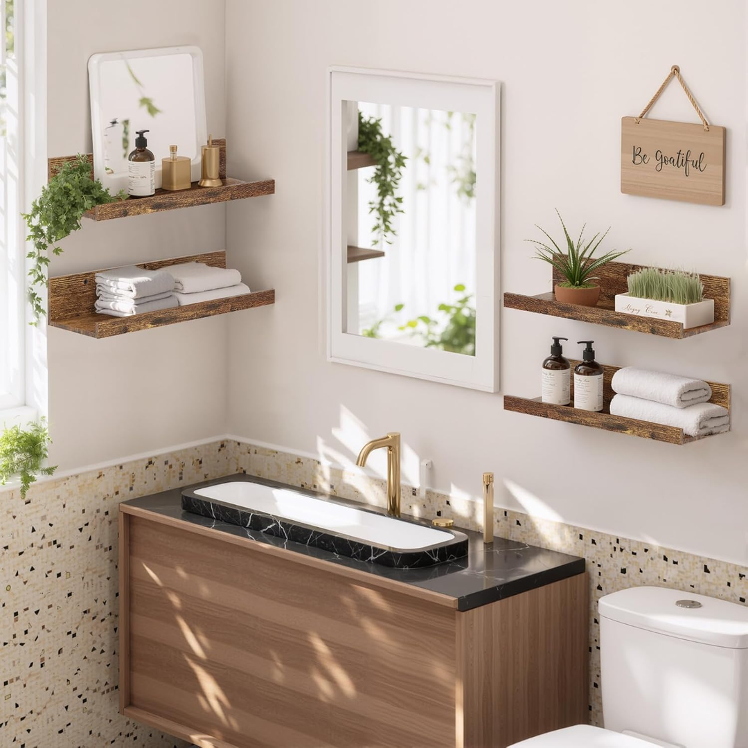 Étagères murales flottantes FurnitureR, ensemble de 8 étagères murales en bois de 40 cm de large, style moderne, pour le salon, couleur marron.