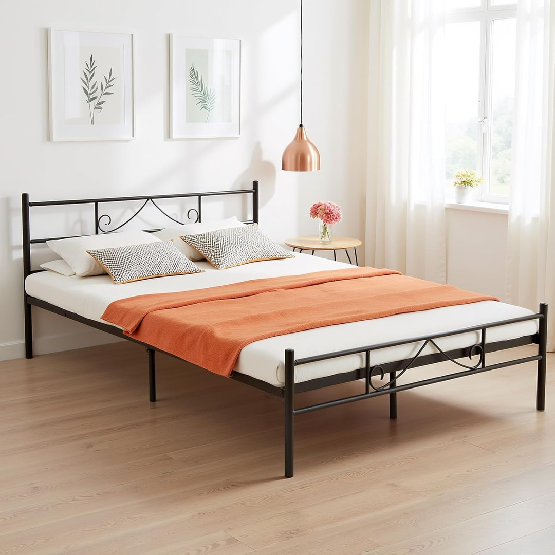 FurnitureR Metallbettgestell (140 x 200 cm) mit Kopf- und Fußteil, Plattformbett mit Stauraum unter dem Bett, geräuschlos, kein Lattenrost erforderlich, Schwarz