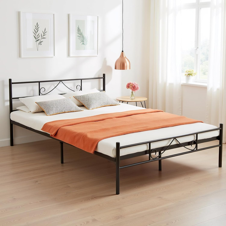 FurnitureR Metallbettgestell (140 x 200 cm) mit Kopf- und Fußteil, Plattformbett mit Stauraum unter dem Bett, geräuschlos, kein Lattenrost erforderlich, Schwarz