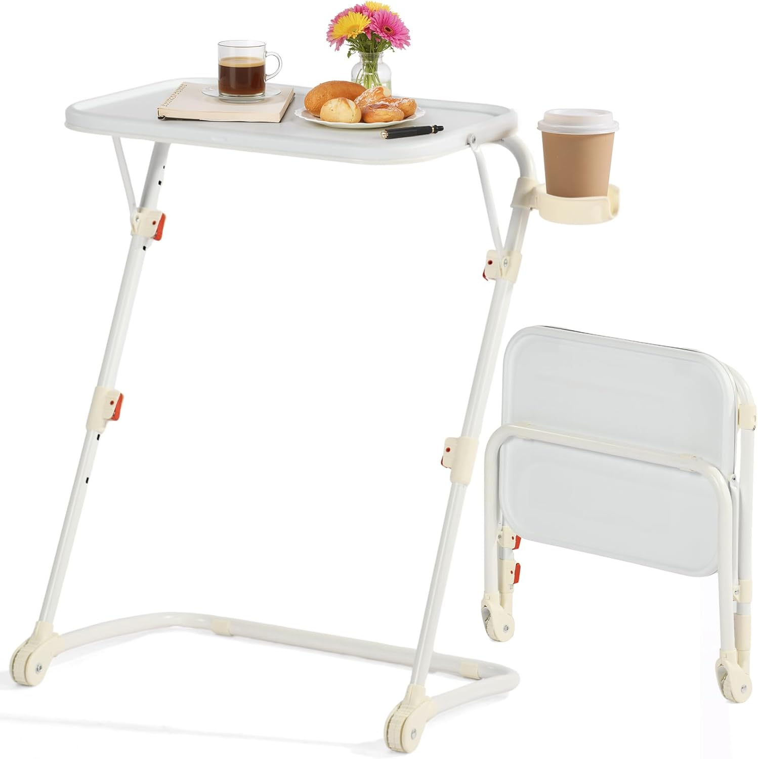 Plateau TV pliable et réglable FurnitureR avec 4 hauteurs et 3 angles d'inclinaison, plateau repas pliable, table d'appoint pour ordinateur portable ou canapé avec porte-gobelet, lot de 2. Blanc.