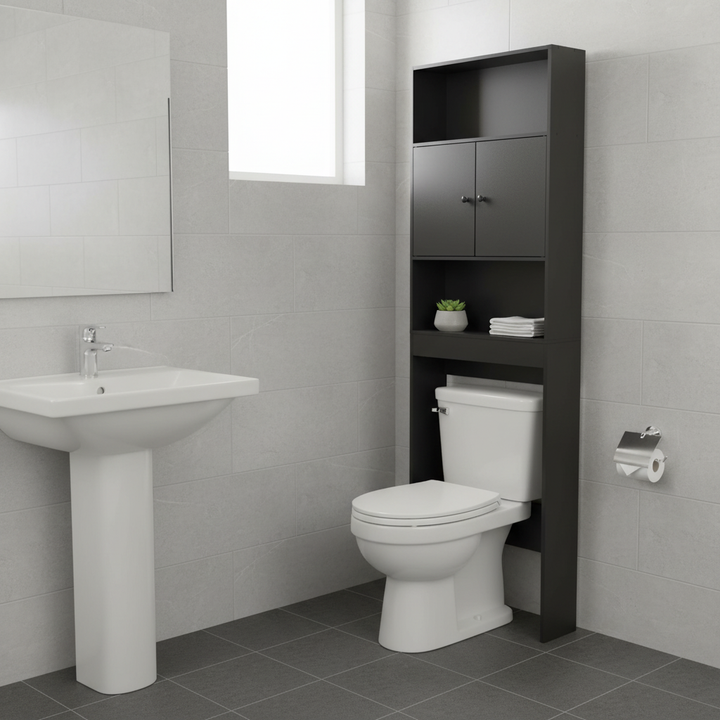 Meuble de rangement FurnitureR à poser au-dessus des toilettes, étagère de salle de bain à 3 niveaux avec double porte et espace de rangement ouvert, étagère autoportante, hauteur 194 cm (76,38 po).