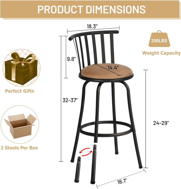 FurnitureR Barhocker-Set, drehbar, 2er-Set, höhenverstellbar, niedrige Rückenlehne mit bequemer Fußstütze, ohne Armlehnen, mit austauschbaren Beinen, 61/74 cm (24/29 Zoll)