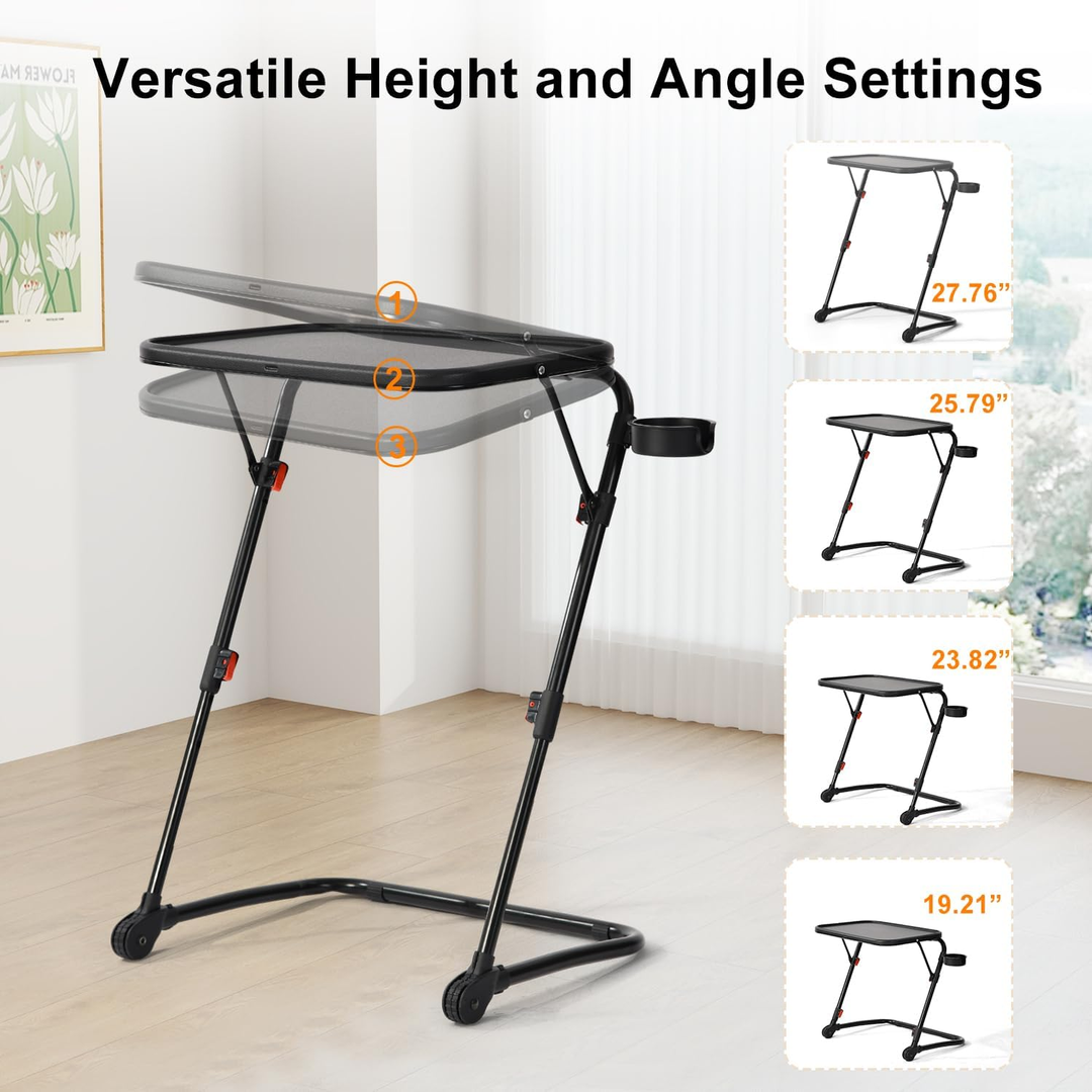 Plateau TV pliable et réglable FurnitureR, table pour ordinateur portable, plateau repas, table d'appoint avec porte-gobelet, 4 hauteurs et 3 angles d'inclinaison, lot de 2, noir