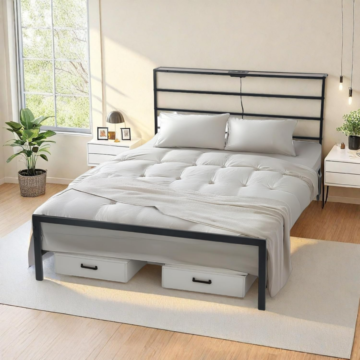 Cadre de lit en métal FurnitureR pour lit simple avec éclairage LED et station de recharge, sommier, tête et pied de lit Iron-Art, étagères de rangement, noir
