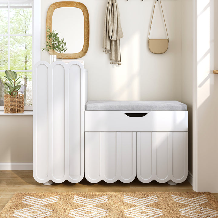 FurnitureR 1-Pack Blanc Banc d'Entrée, Design Moderne, Matériau MDF, Espace de Rangement, Confort et Style