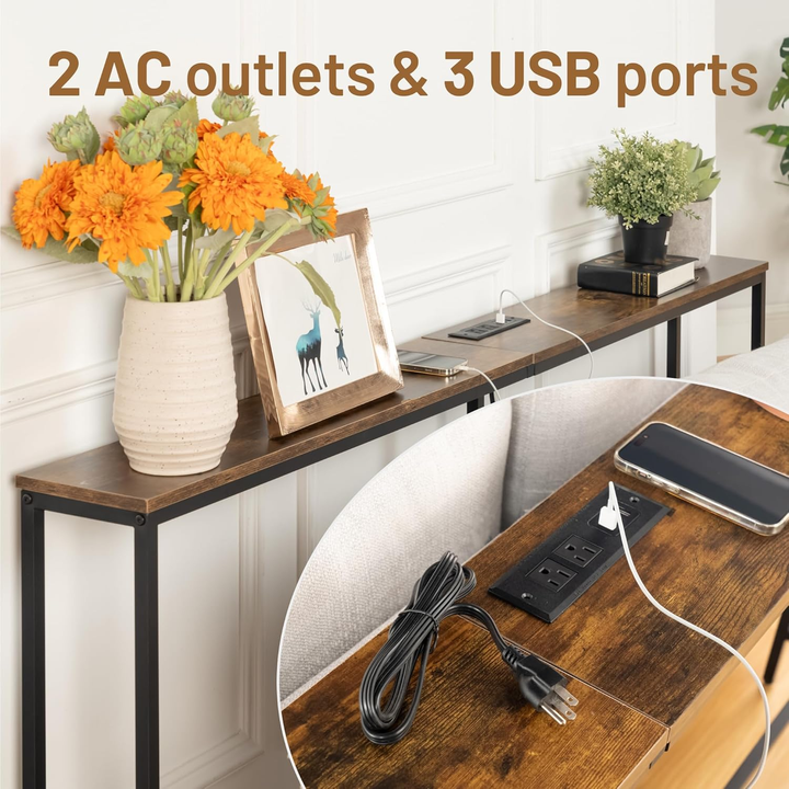 Console étroite FurnitureR, 180 cm (70,8 pouces), idéale derrière un canapé, avec station de charge, ports USB et prise électrique, marron.