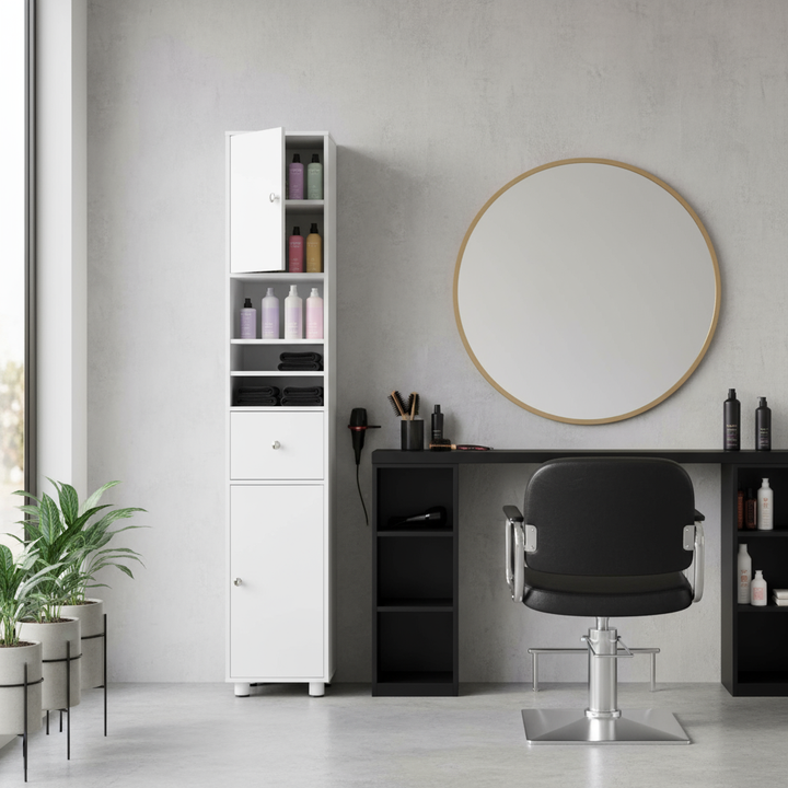 FurnitureR Hoher Aufbewahrungsschrank, 180 cm schmaler Wäscheschrank mit Schublade und Regalböden, freistehender Organizer für Badezimmer, Wohnzimmer, Waschküche 