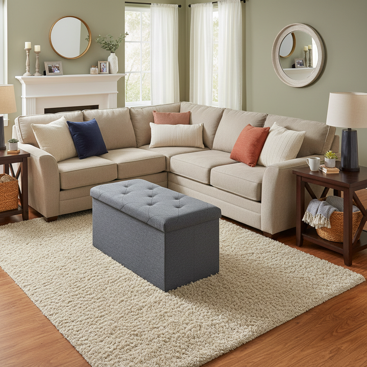 FurnitureR Foldable Storage Ottoman Bench, 30.3" Linen Fabric Tufted Ottoman with Storage, Ottoman for Bedroom Living Room, Footrest Seat with Storage