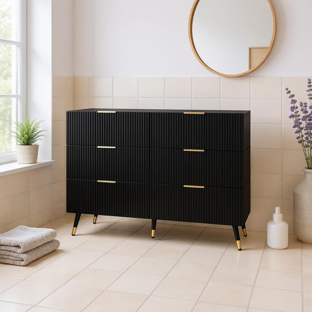 Meuble Sous Escalier, Pieds et Poignées Dorés, 6 Grands Tiroirs, Armoire de Rangement, 120 cm