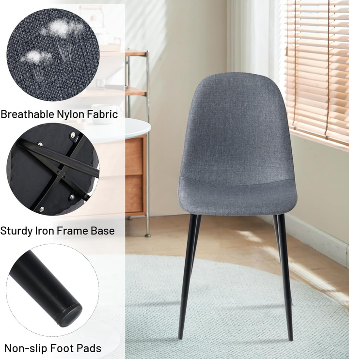 FurnitureR Dining Chairs Set of 4, Fabric Comfy Seat Armless Side Chairs with Metal Legs Mid Century for Home Kitchen Reception Room, Slubbed Grey