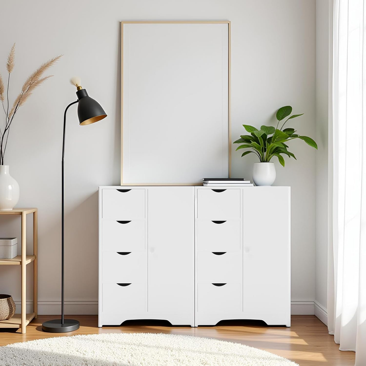 Meuble de rangement FurnitureR avec 4 tiroirs et porte latérale, unité de rangement moderne en bois avec étagères réglables, hauteur 82 cm (32,28 pouces), blanc