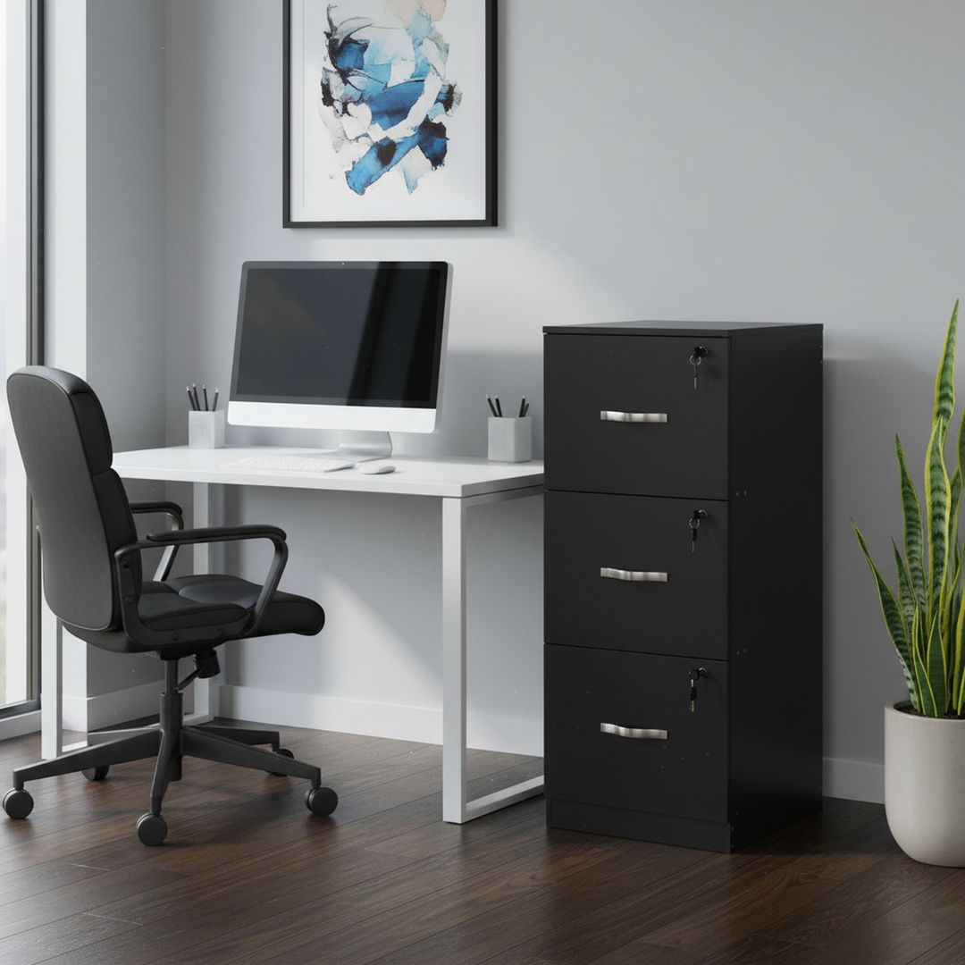 FurnitureR 3 Drawer File Cabinet with Lock, Vertical Office Filing Cabinet for Letter/Legal Size, Storage Organizer, Black