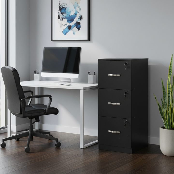 FurnitureR 3 Drawer File Cabinet with Lock, Vertical Office Filing Cabinet for Letter/Legal Size, Storage Organizer, Black