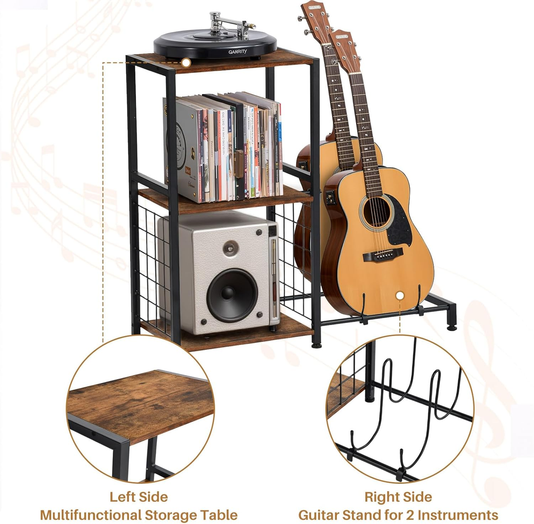 Support de guitare multifonctionnel FurnitureR avec étagères de rangement – ​​Étagère à 3 niveaux de style industriel pour matériel de musique avec plateau en bois, marron