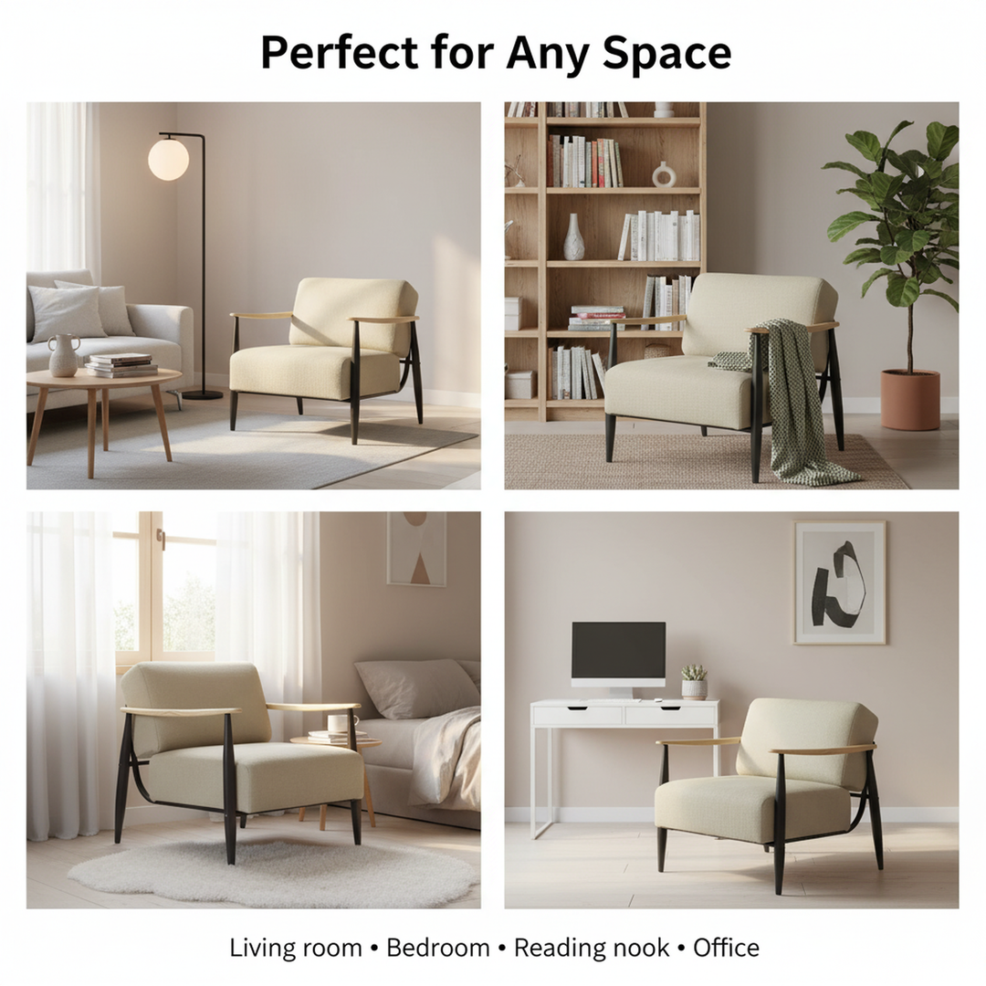 FurnitureR Mid-Century Modern Accent Chair, Beige Upholstered Armchair with Solid Oak Frame, Comfy Reading Chair for Living Room, Bedroom, Office