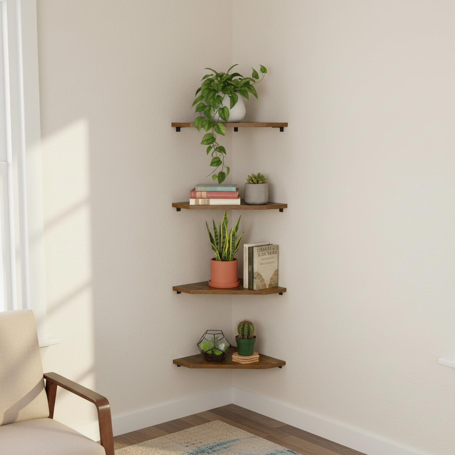 Ensemble de 4 étagères d'angle flottantes FurnitureR, étagère murale pentagonale en bois, présentoirs muraux rustiques pour salon, chambre ou bureau.
