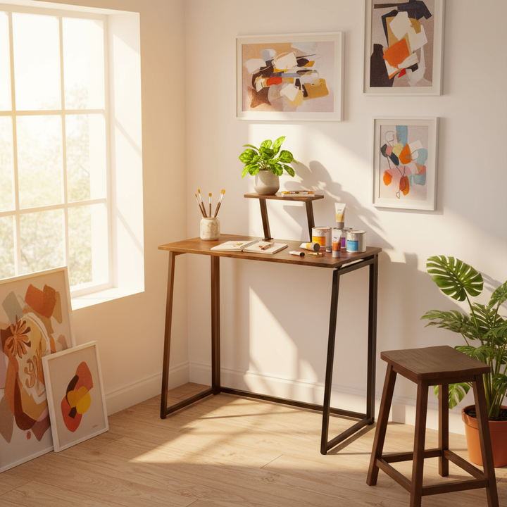 Klappbarer Schreibtisch (80 cm), einfacher, kompakter Schreib- und Arbeitstisch mit abnehmbarem Monitorständer, tragbarer Stehschreibtisch, braun