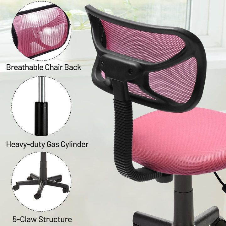Chaise de bureau FurnituureR à dossier bas, chaise de travail ergonomique sans accoudoirs en maille, pivotante et réglable en hauteur, idéale pour le bureau à domicile ou la chambre, rose.