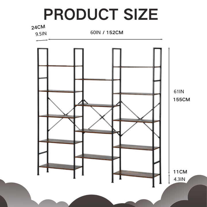 FurnitureR Bookshelf 5-Tier Triple-Column, Bookcase with 14 Open Display Shelves, Rustic Industrial Style Book Shelves, Wide Book Case, Rustic Brown