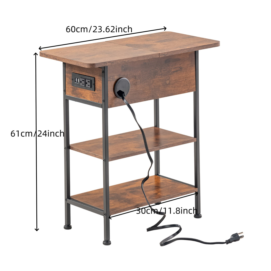 Table de chevet FurnitureR avec station de charge, ports USB et prises électriques, table d'appoint à 3 niveaux avec étagères de rangement et placard pour salon, chambre 